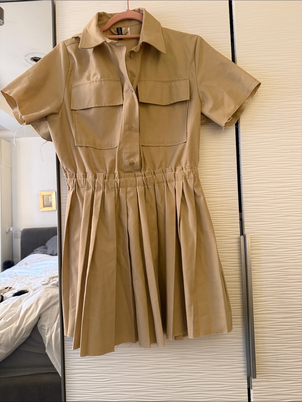H&M Pleated Shirtwaist Mini Dress in Tan